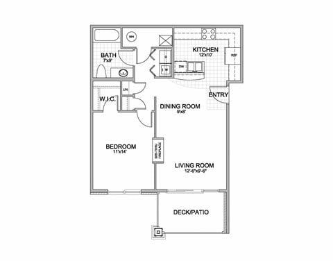 Floor plan for 1 bed, 1 bath, 776 sqft